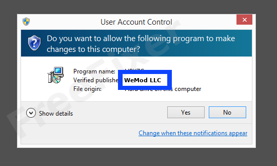 Screenshot where WeMod LLC appears as the verified publisher in the UAC dialog